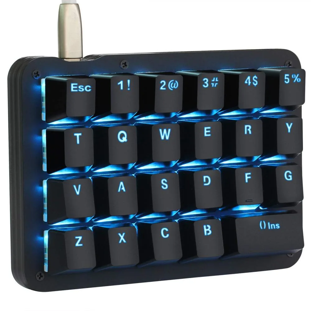 Compact black one-hand mechanical keyboard with 23 keys and blue LED backlight