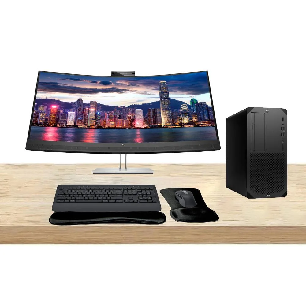 Black tower desktop, curved 34-inch monitor, wireless keyboard and mouse set