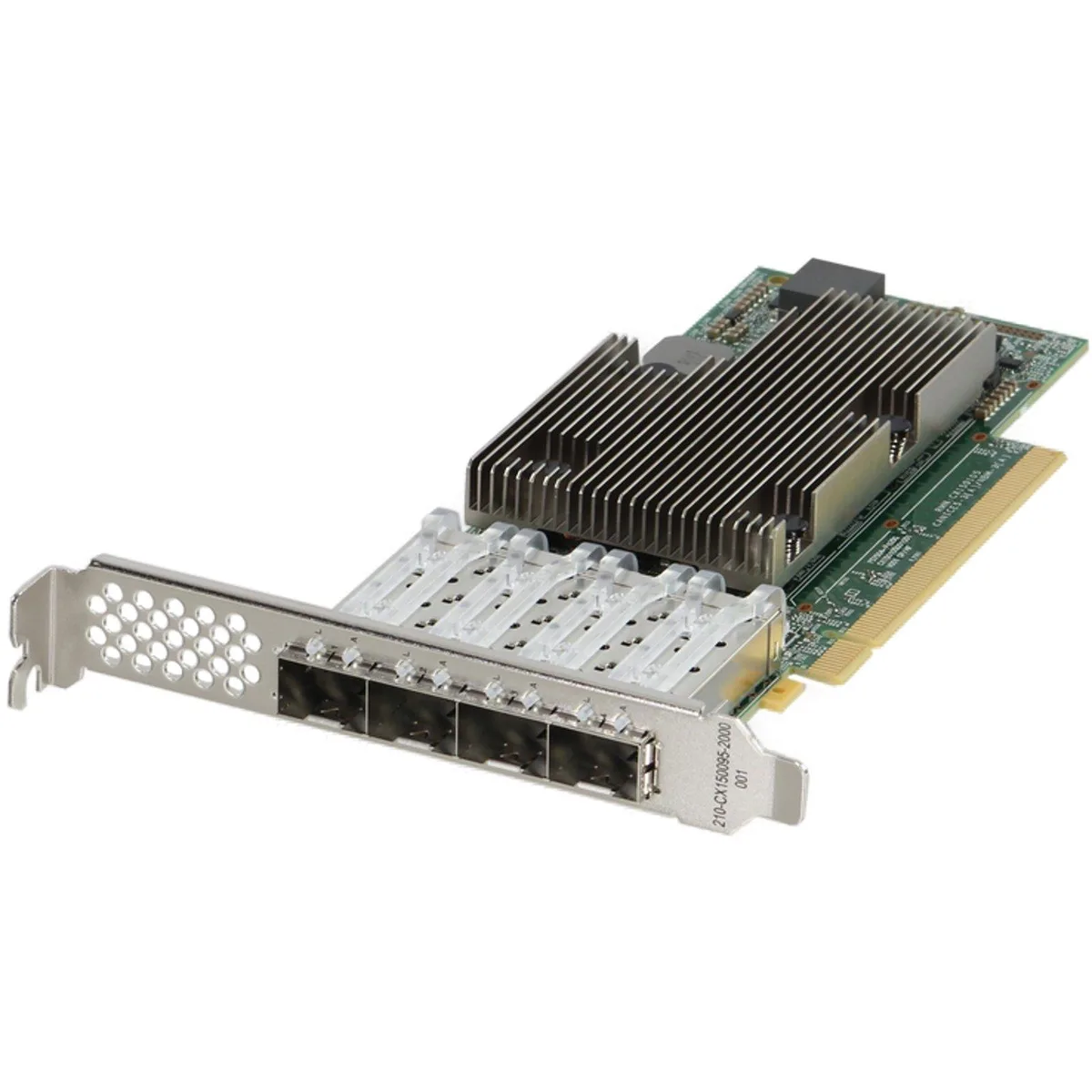 Green circuit board with four SFP28 ports and full-height bracket