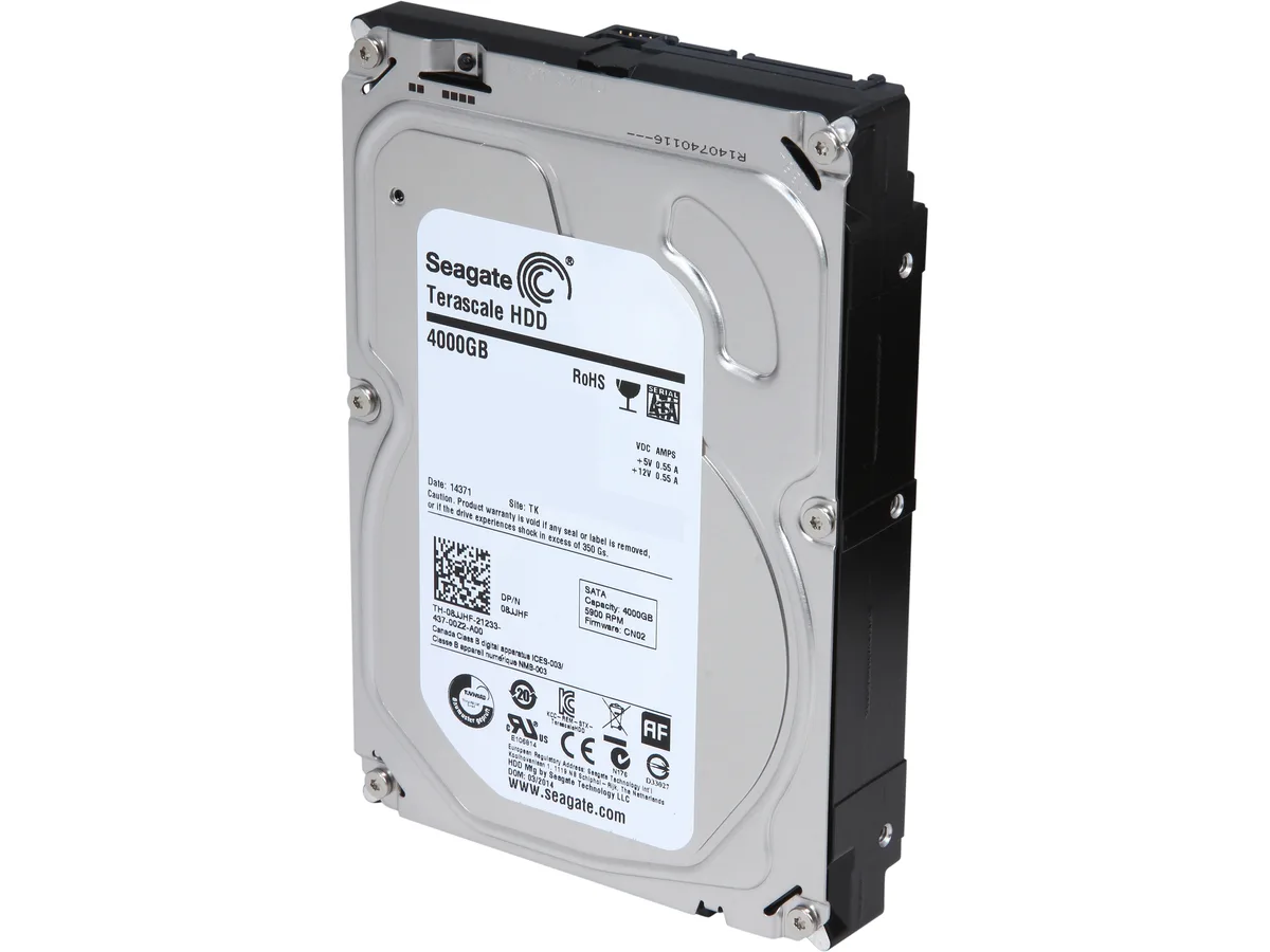 Silver 3.5 inch bare internal hard drive, SATA connectors visible
