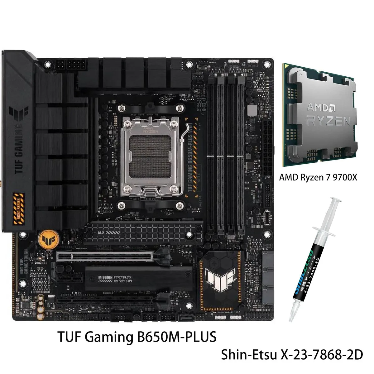 Micro-ATX motherboard with CPU installed, black PCB and silver heatsinks
