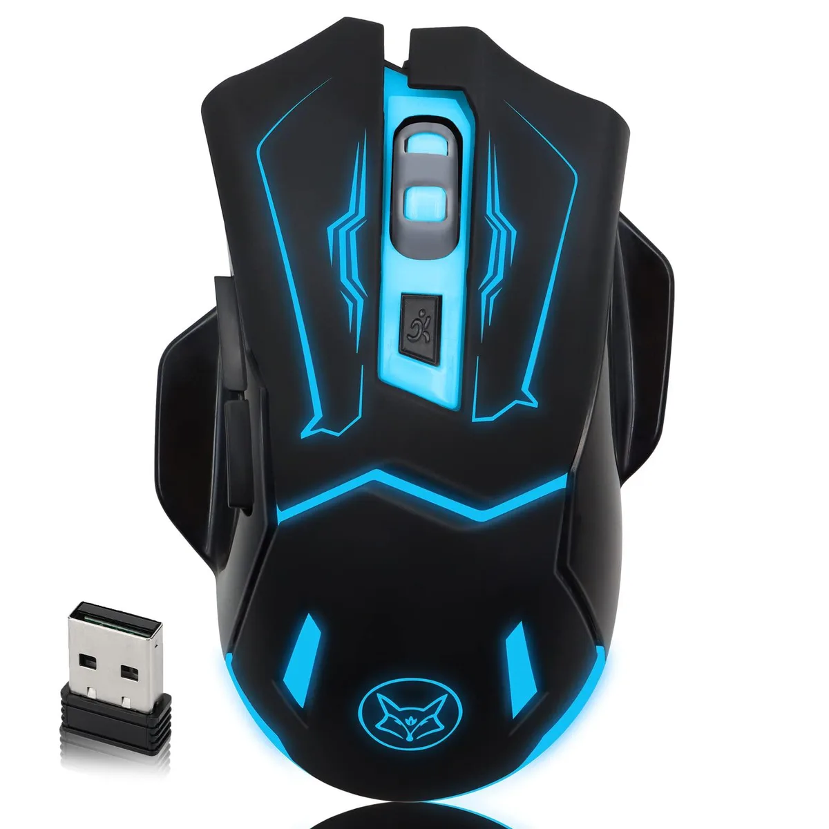 Black right-hand wireless gaming mouse with thumb rest and 16 buttons
