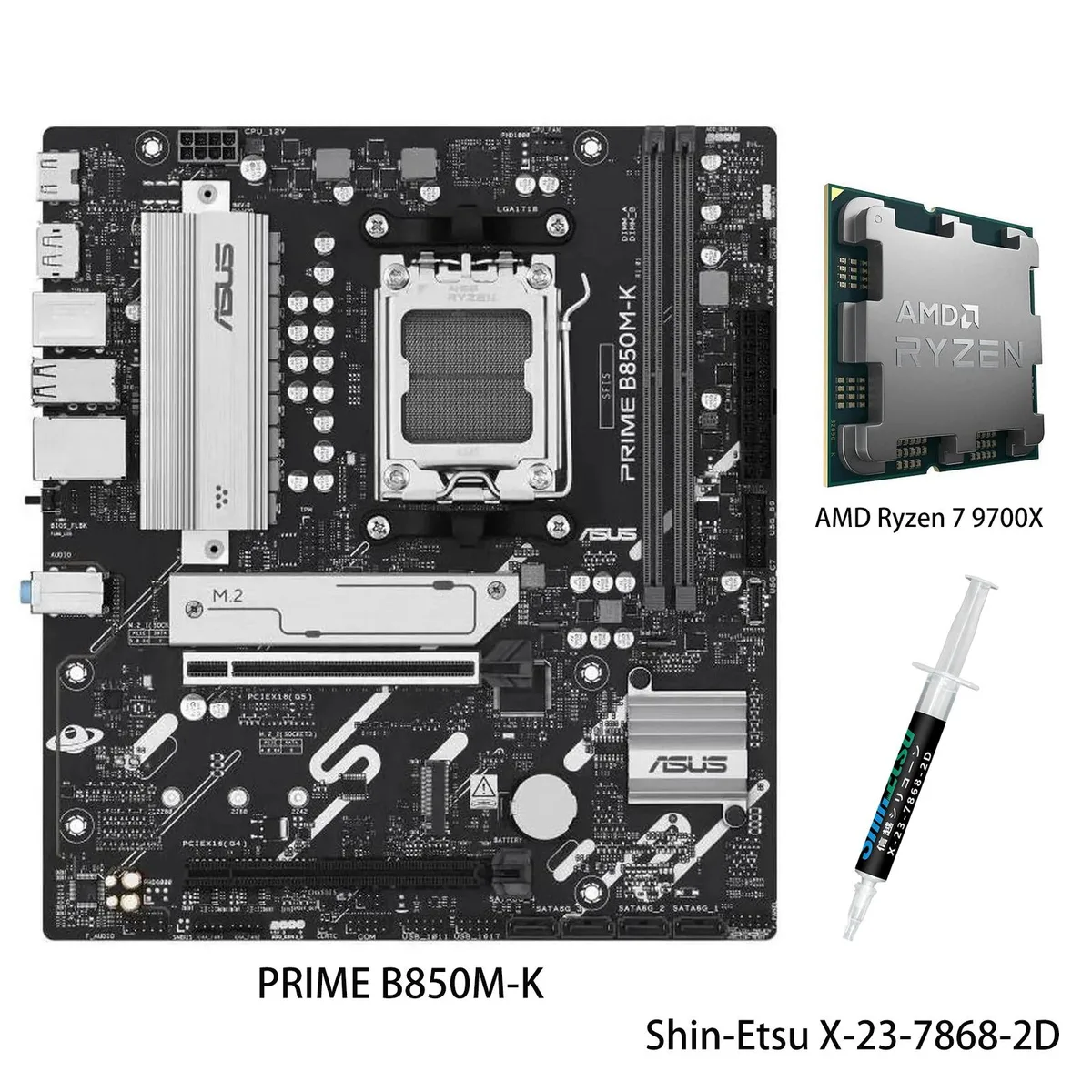 ASUS PRIME B850M-K mATX motherboard with Ryzen 7 9700X CPU installed