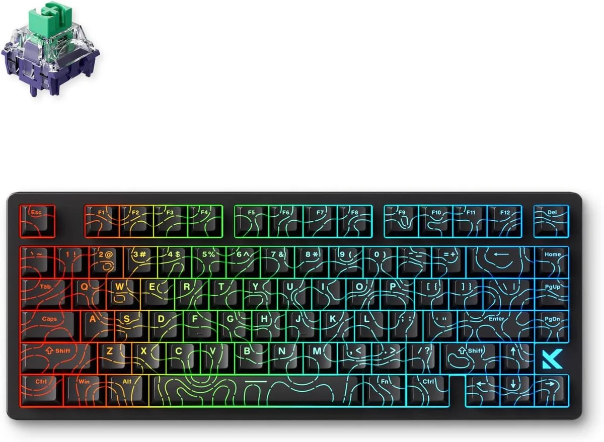 Compact 75 percent wired keyboard in black with PBT keycaps and RGB lighting