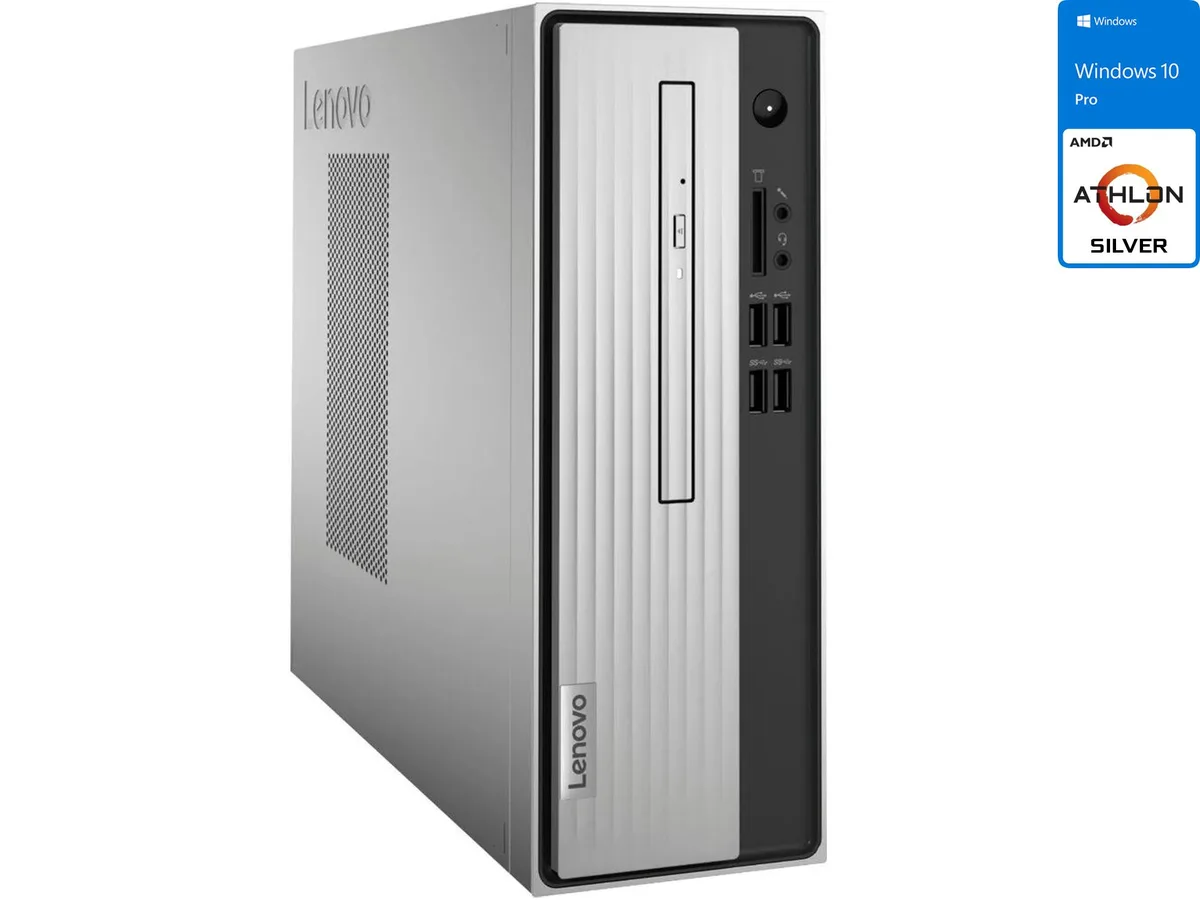 Silver small-form desktop tower with front USB ports and DVD drive