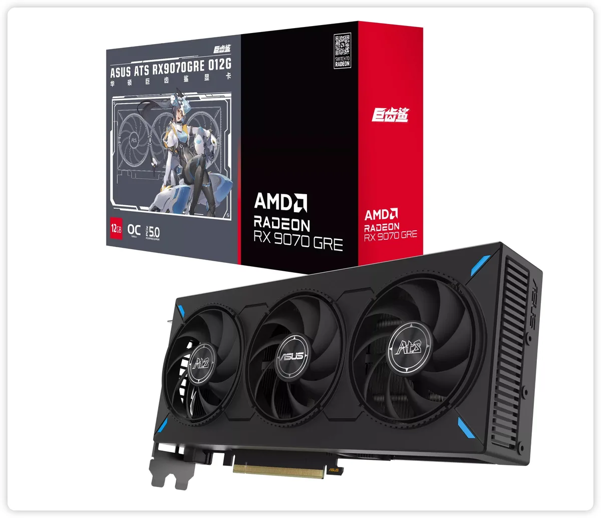 ASUS ATS Radeon RX 9070 12GB triple-fan graphics card with dark metal shroud and backplate