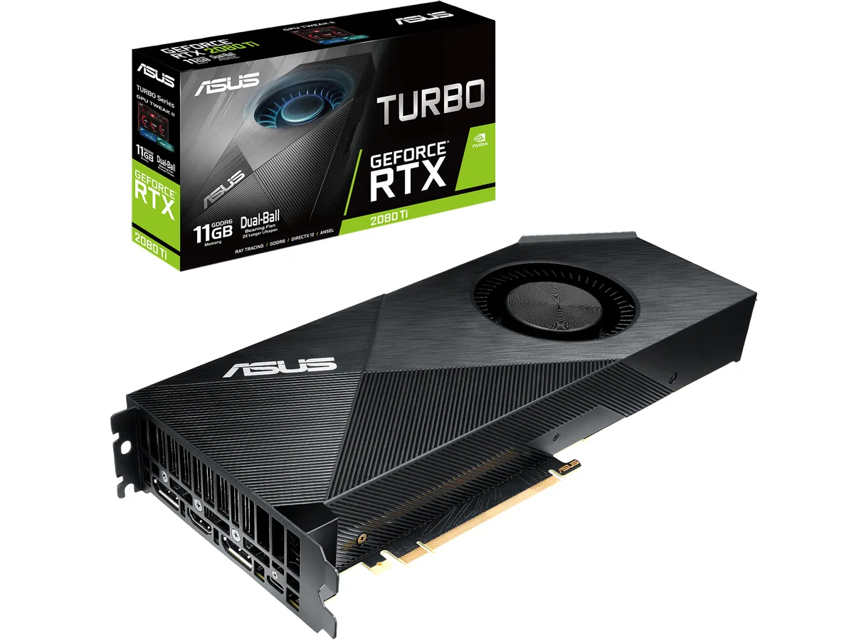ASUS Turbo GeForce RTX 2080 Ti dual-slot card with blower cooler and metal backplate