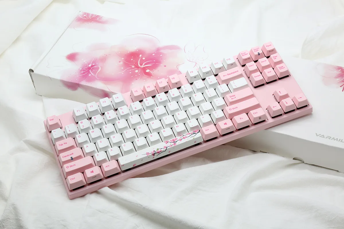 Varmilo Varmilo VA87M Sakura TKL Gaming Keyboard Cherry MX Silent Red 87 Keys Pink White — produktbild