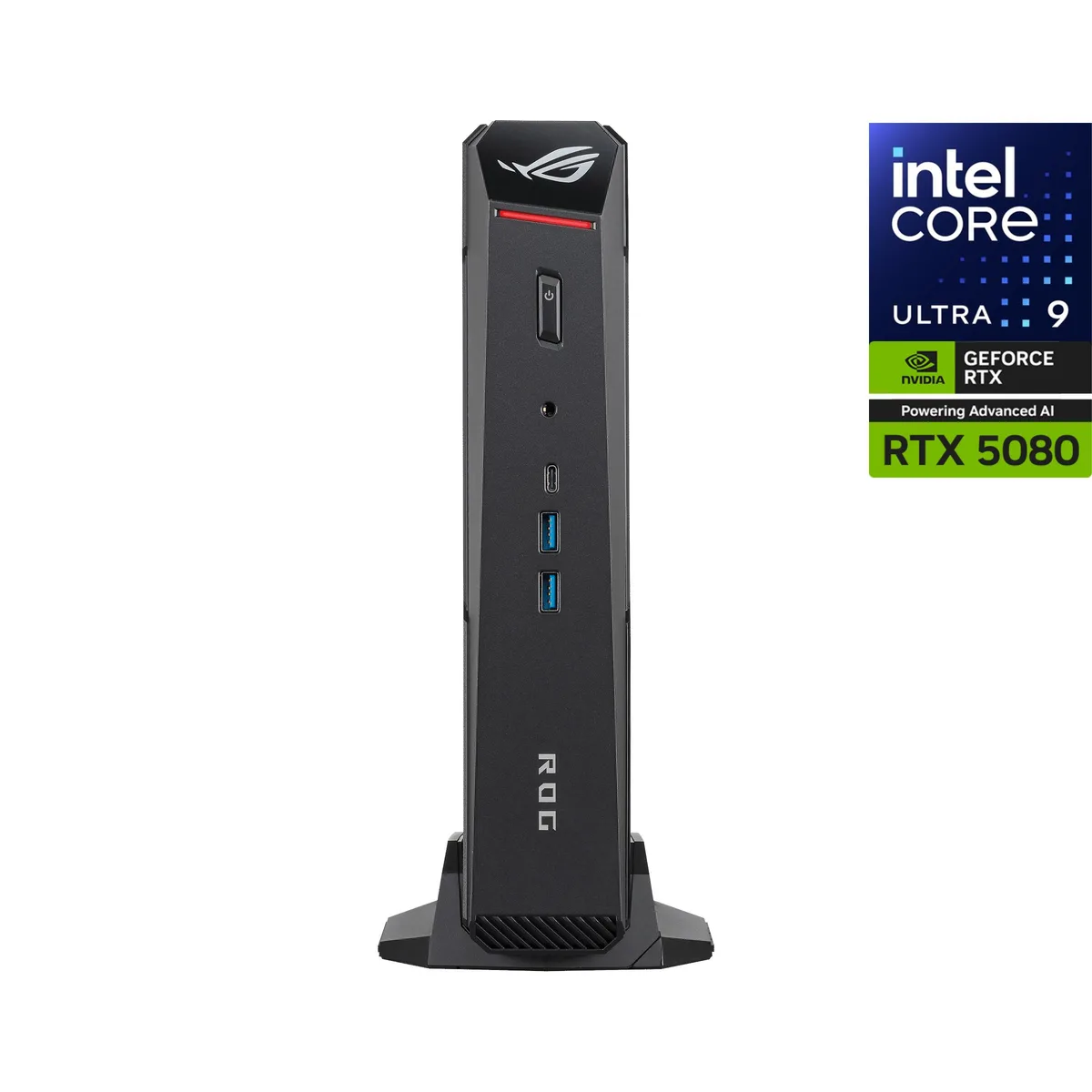 Compact black mini PC with central light bar and vertical stand