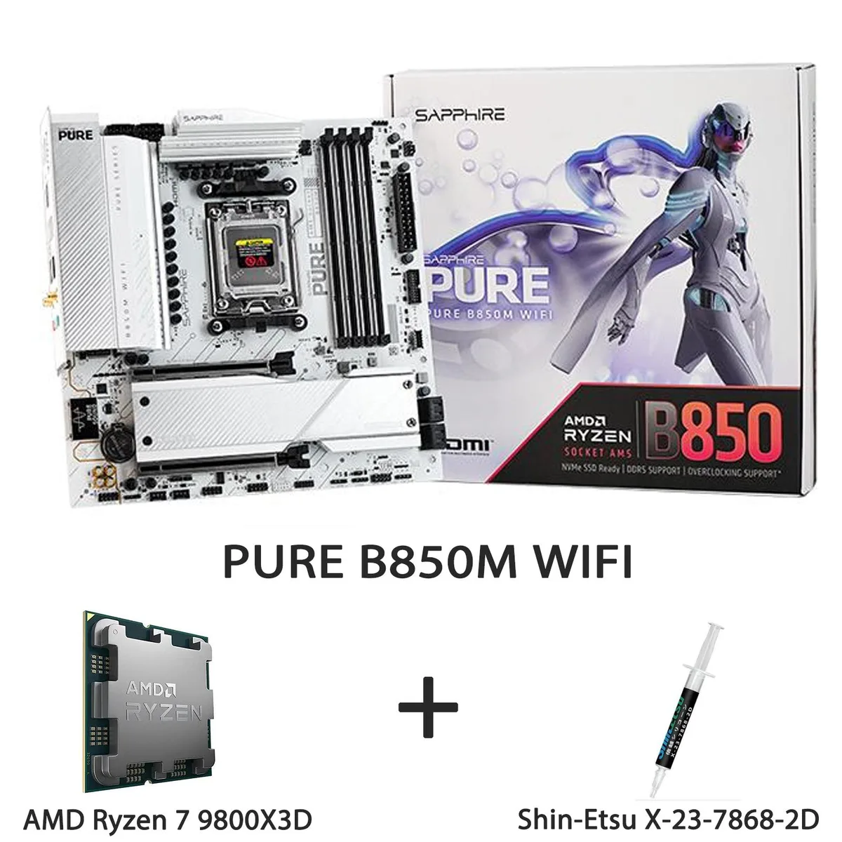 White mATX motherboard with AM5 socket and Ryzen 7 9800X3D processor installed