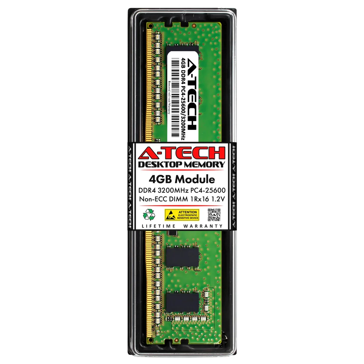 Green rectangular DDR4 DIMM with black chips and gold contacts