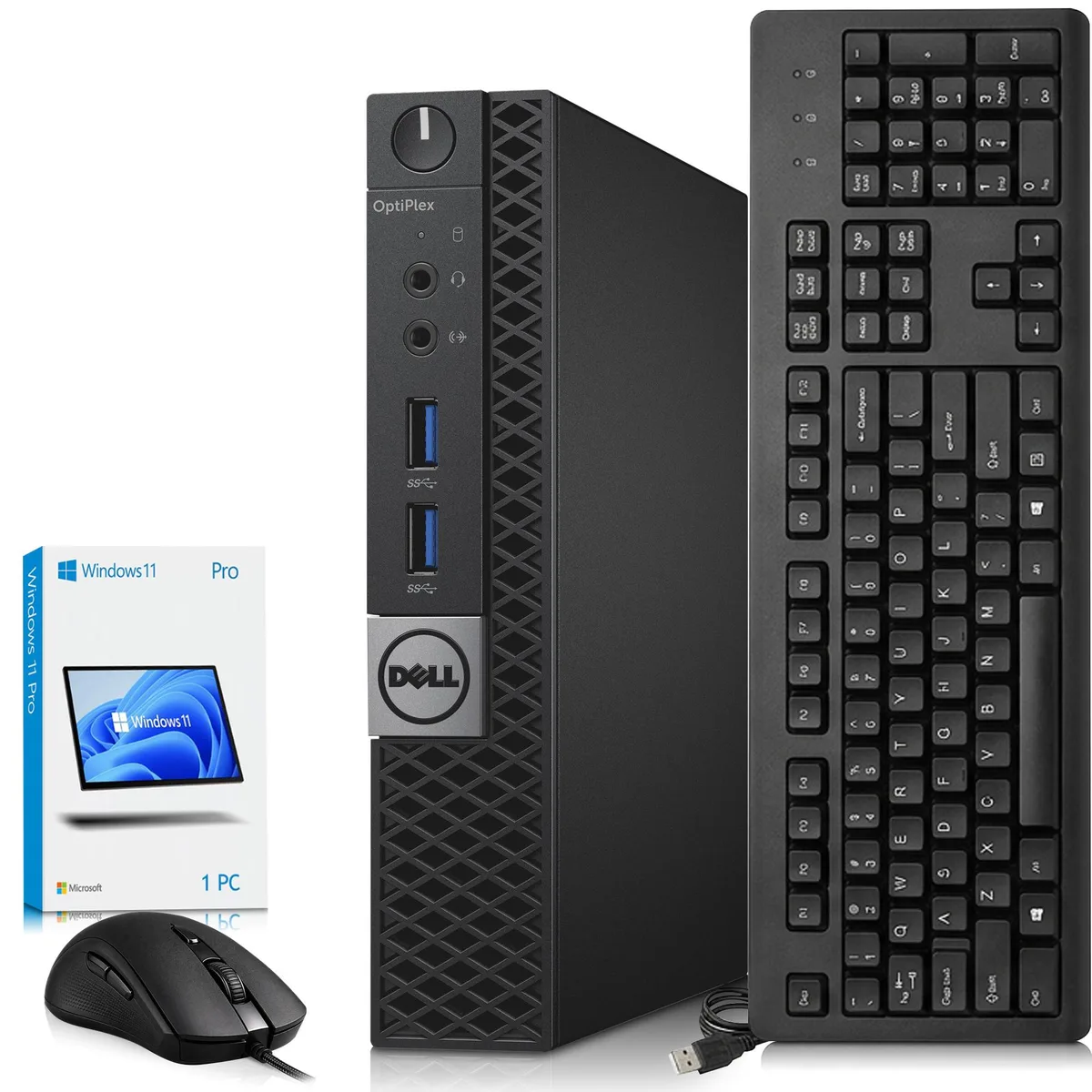 Small black mini desktop tower with keyboard and mouse