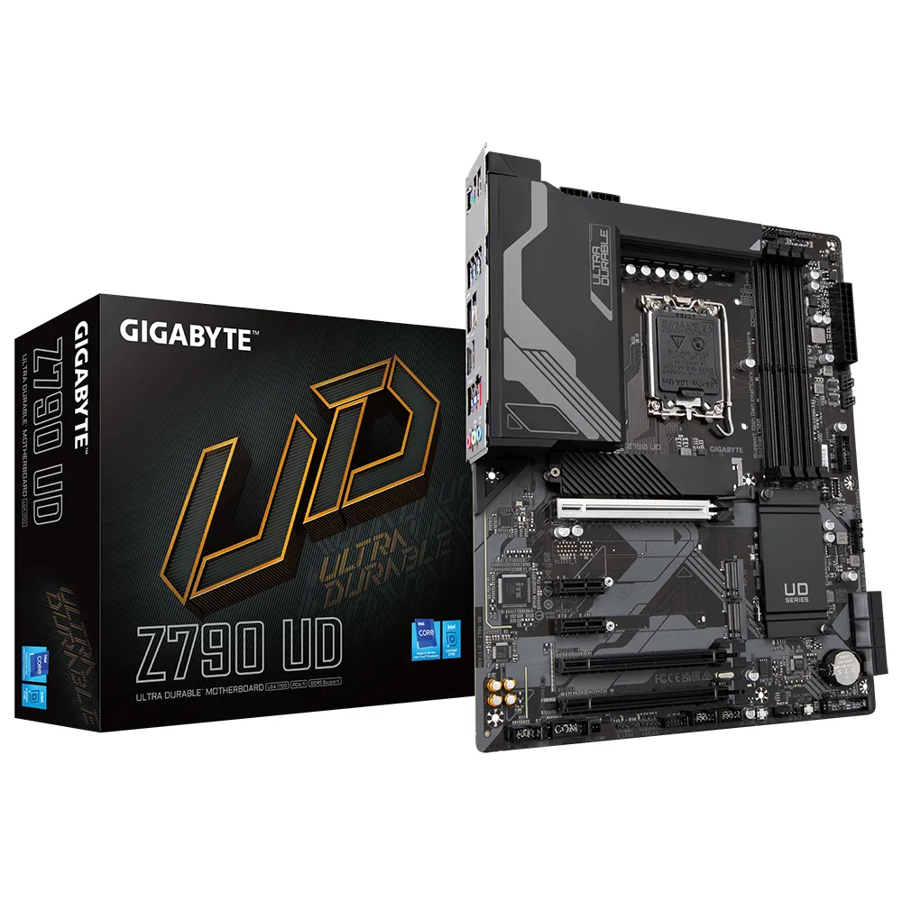 Gigabyte Z790 UD AX motherboard, black PCB with silver heatsinks, LGA1700 socket, DDR5 slots