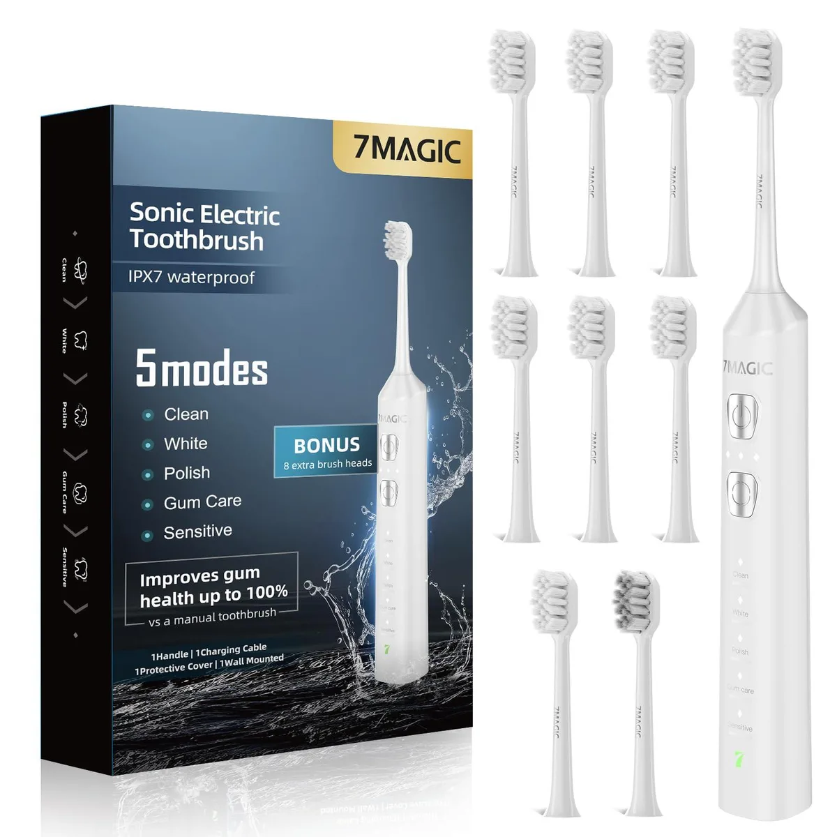  7MAGIC D36 White Sonic Electric Toothbrush 42000VPM 180-Day Runtime 8 Heads — product photo