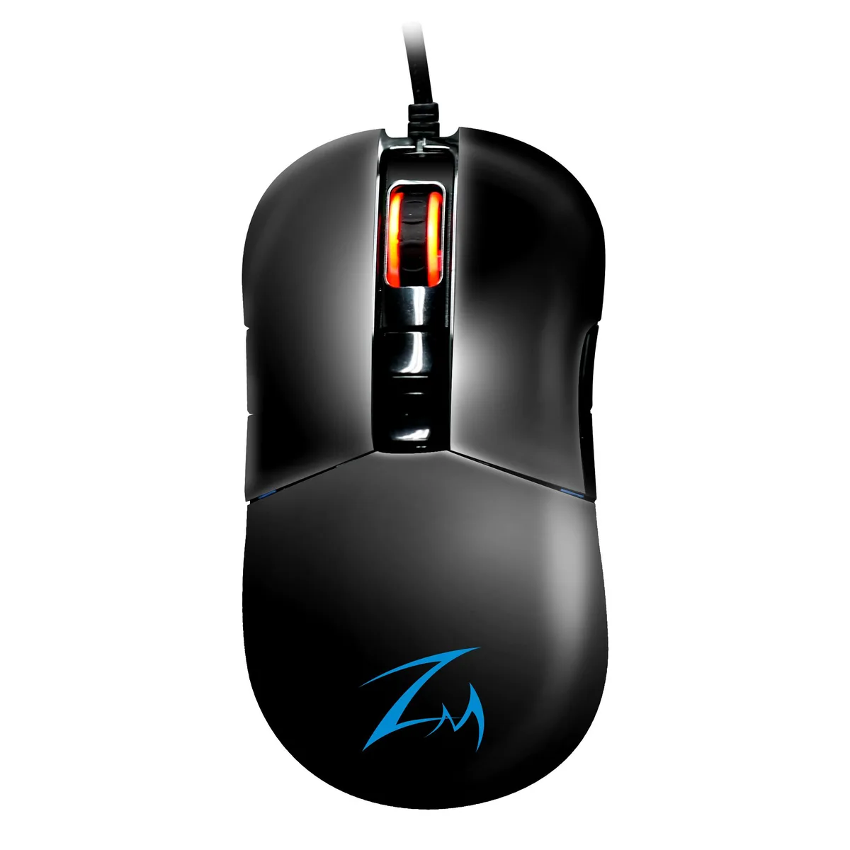 Black wired gaming mouse with RGB scroll wheel and logo, ergonomic shape for both hands, nine buttons, 1.8 m cable