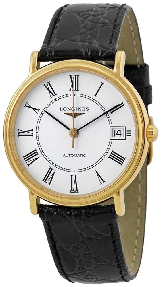 Longines Longines Presence Automatic L4.821.2.11.2 34.5 mm Yellow Gold PVD White Dial Black Leather Strap Watch — product photo