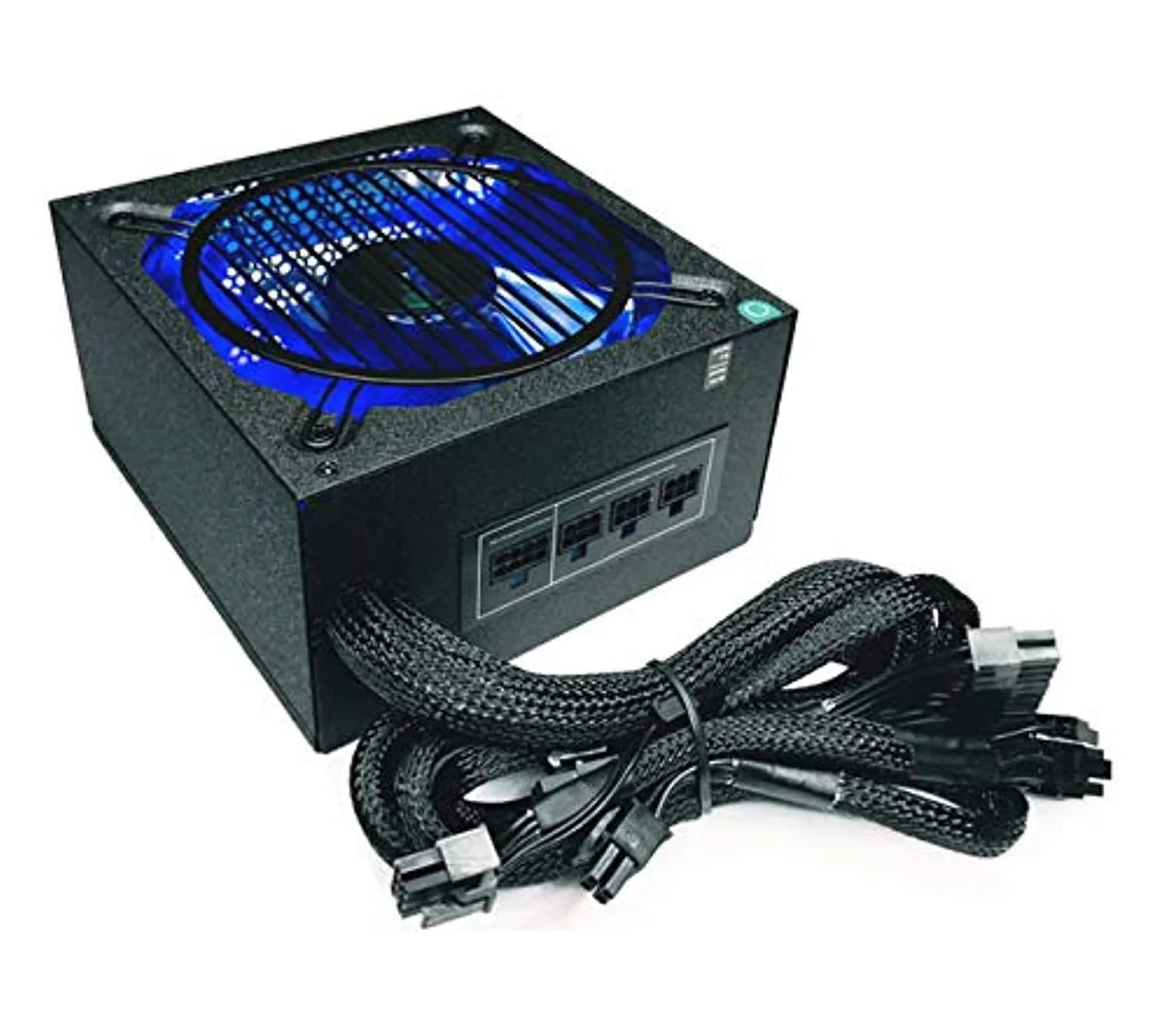 Black rectangular ATX power supply with blue LED fan visible through grille, semi-modular cable ports on side