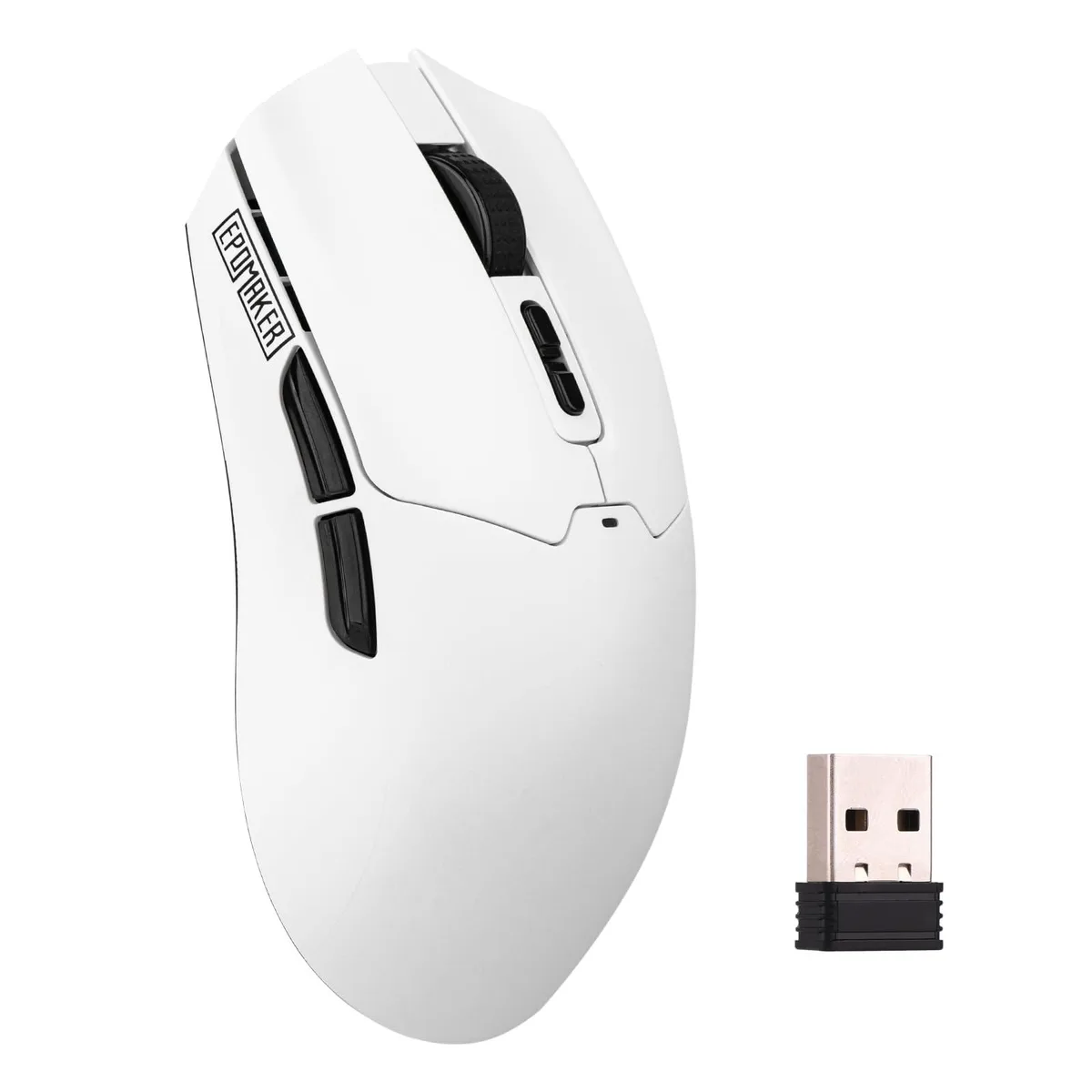 White lightweight wireless gaming mouse, right-handed ergonomic shape, matte finish, five buttons, scroll wheel