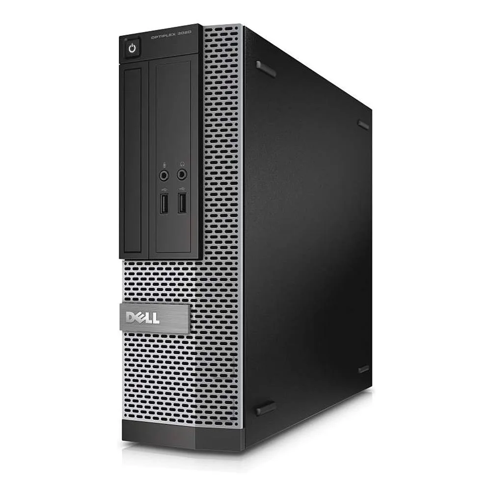 Small black and silver desktop tower, compact SFF case, DVD drive slot visible, USB keyboard and mouse included