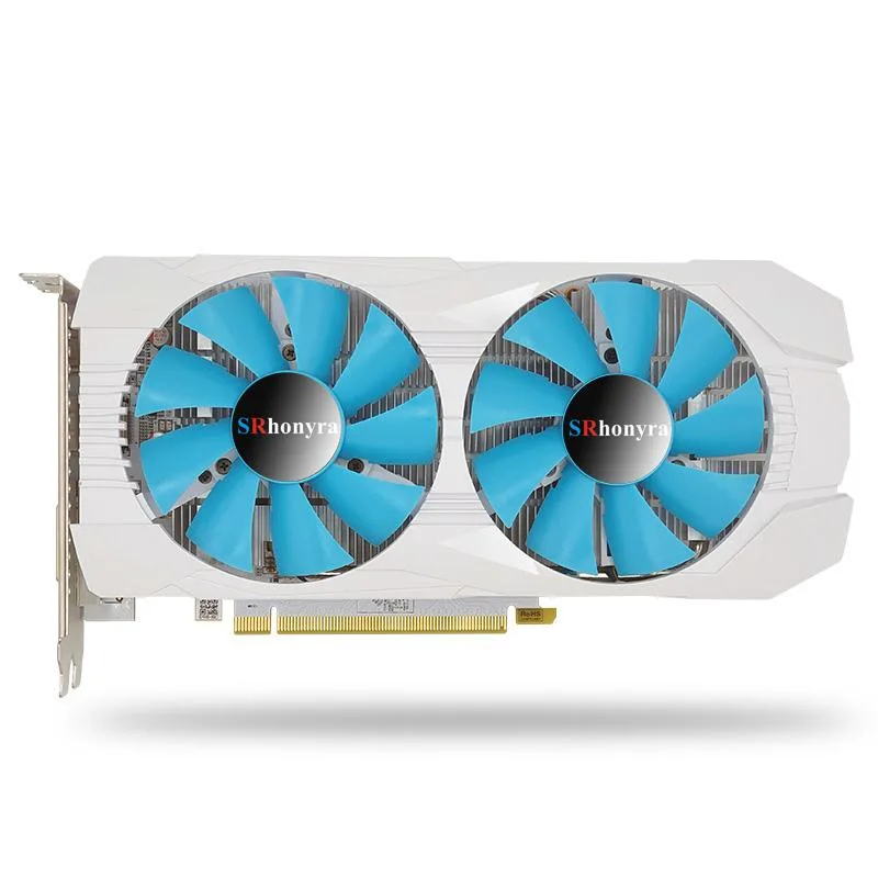 White dual-fan graphics card with HDMI DisplayPort DVI outputs