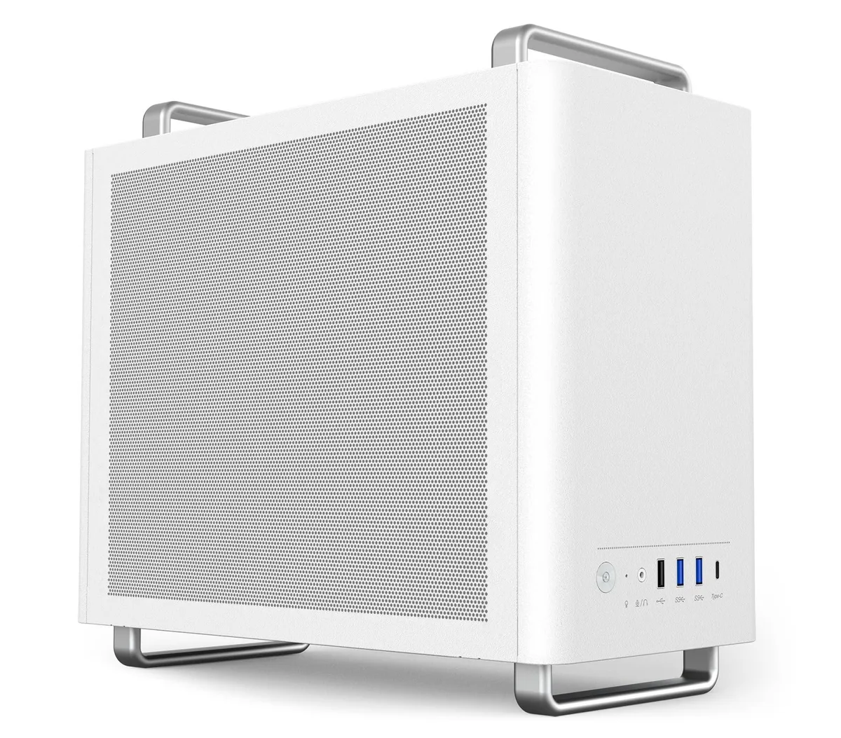 Compact white mini-tower case with top carry handle, front Type-C and USB ports, mesh side panel visible