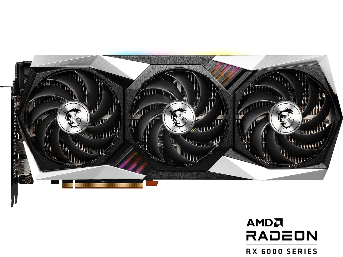 Triple-fan graphics card, dark metal shroud, silver backplate, three DisplayPort and one HDMI ports visible