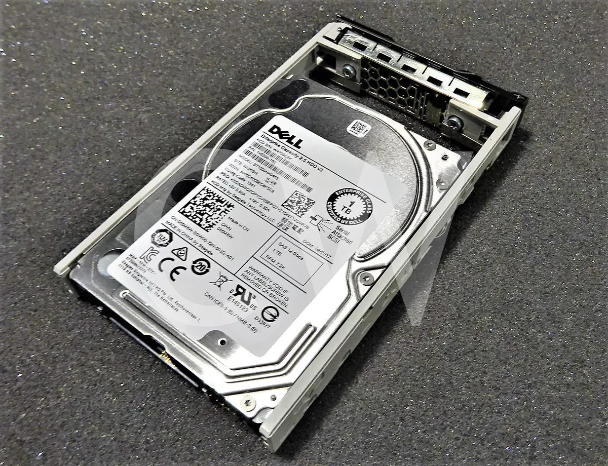 Silver 2.5 inch SAS hard drive mounted in a black server tray