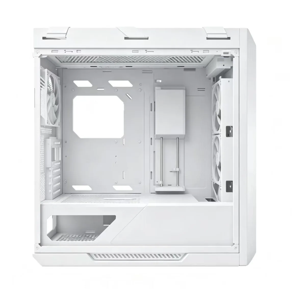 Tall white tower case with aluminum grille front, dual tempered glass sides, top I/O cluster