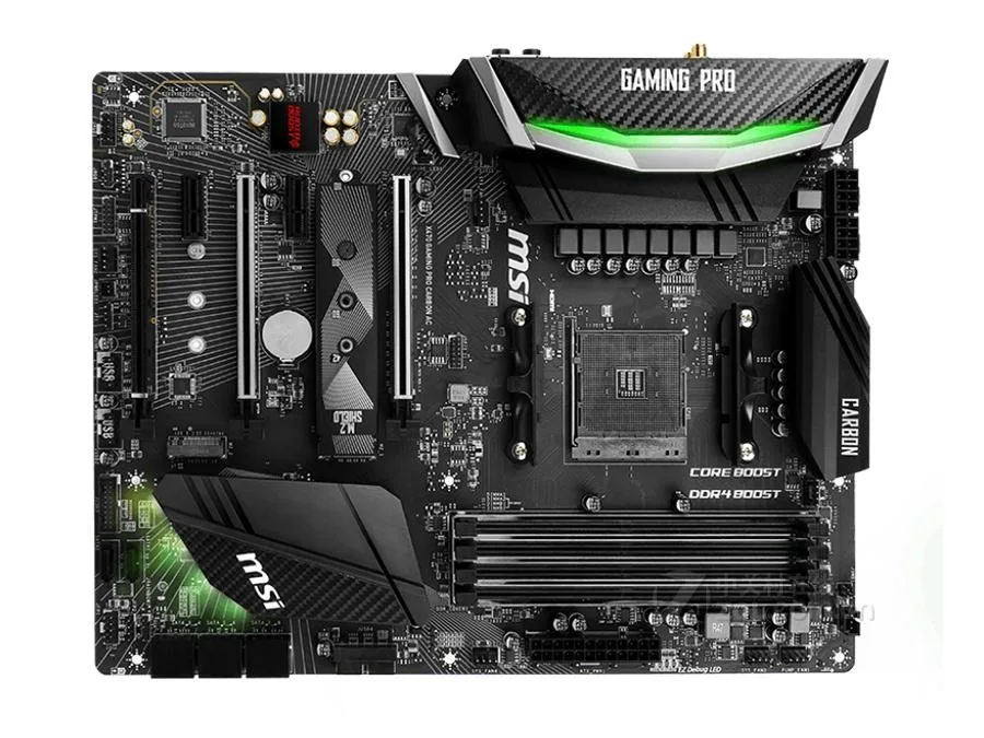 ATX motherboard in black carbon-fibre finish with silver heatsinks and rear I/O shield
