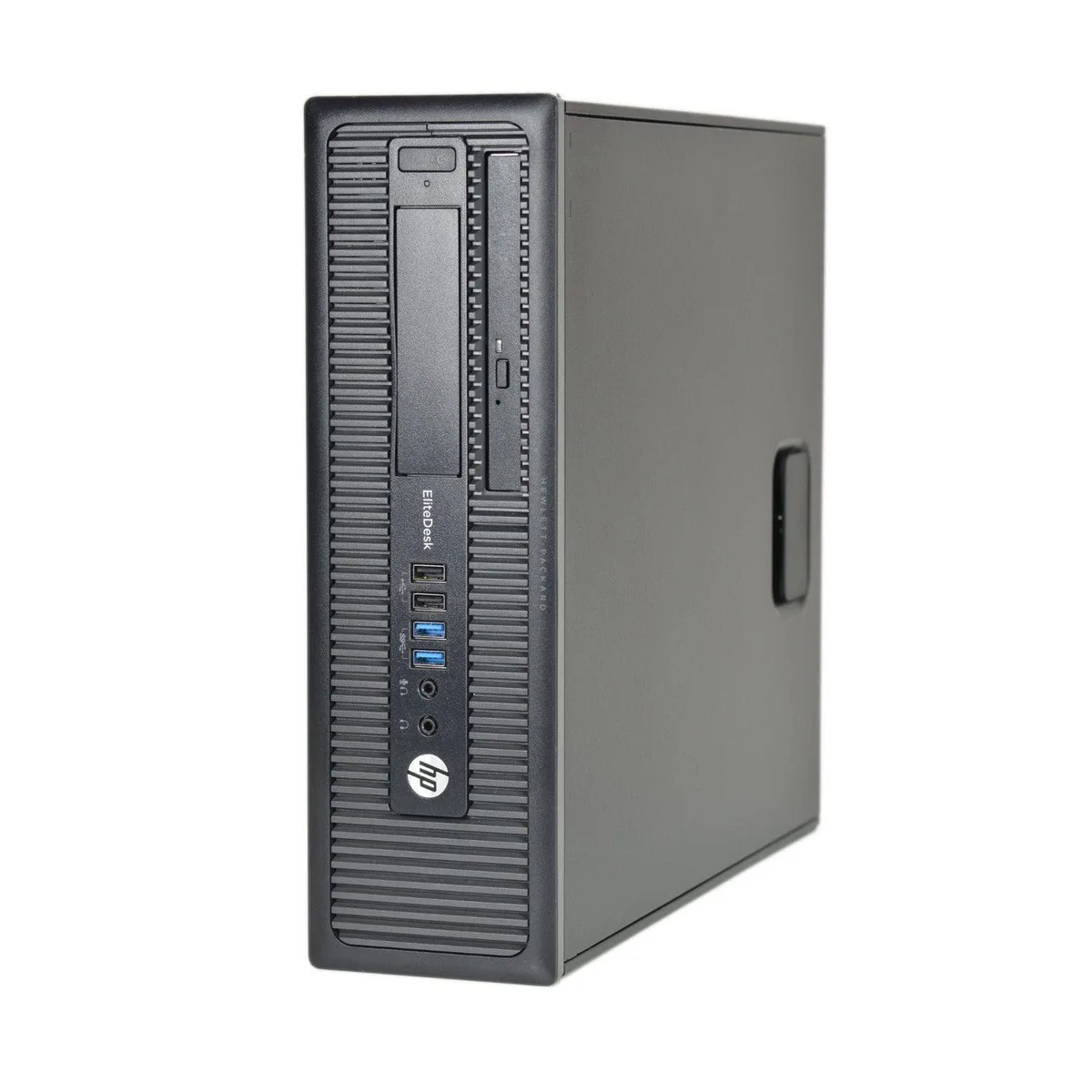 Compact black small-form-factor desktop tower with front DVD slot and multiple ports