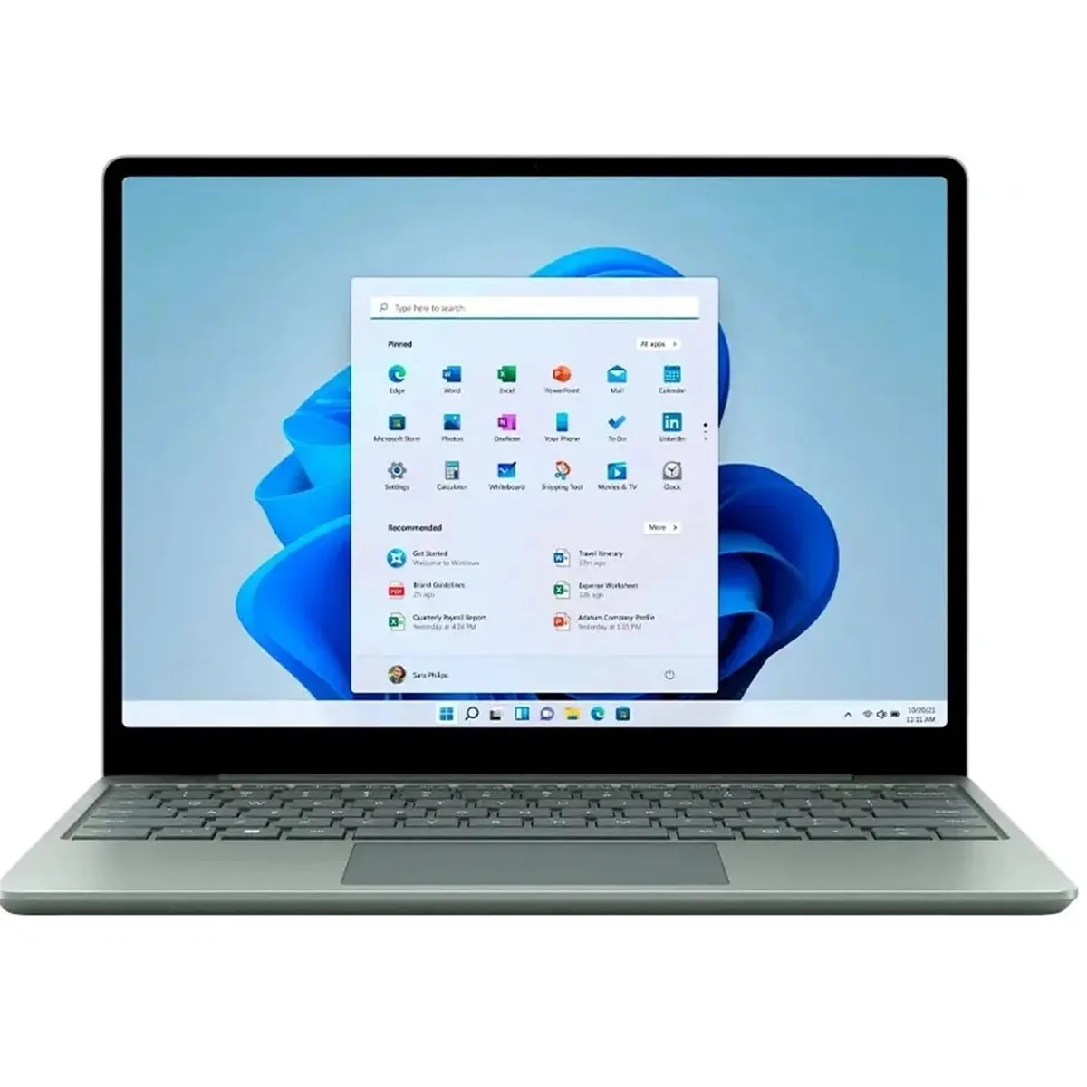 Sage coloured 12.4 inch touchscreen laptop closed on a plain background