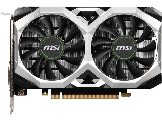 MSI Ventus GTX 1650 graphics card, dual-fan cooler, black finish, HDMI DisplayPort DVI outputs