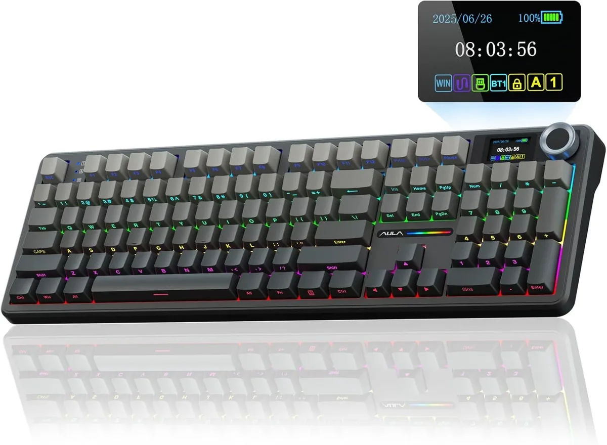 Full-size wireless mechanical keyboard with TFT colour screen and rotary knob, dark frame and side-printed keycaps