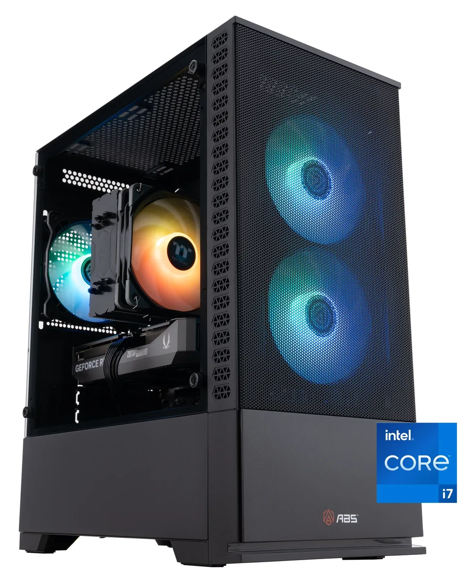 Refurbished ABS Cyclone Aqua tower, black case with RGB-lit RAM and twin-fan graphics card