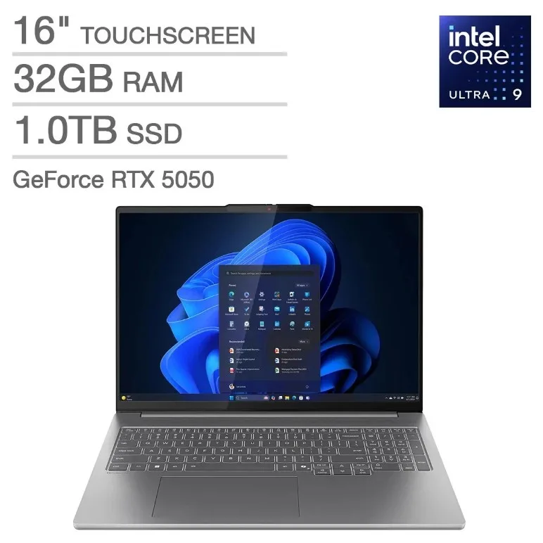 Black 16-inch OLED touchscreen laptop, thin and light design