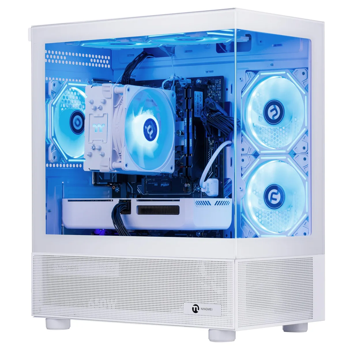 White mid-tower desktop with ARGB cooler visible through side panel