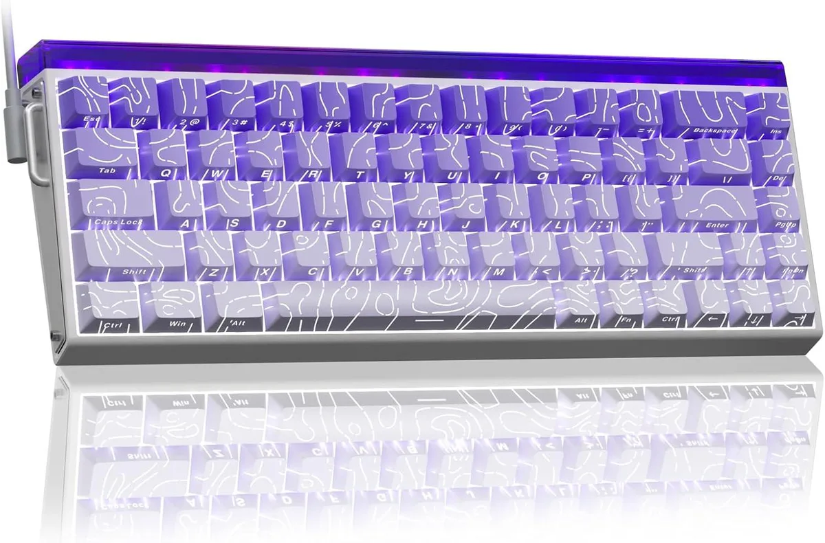 Compact 60% wired keyboard in purple with side-printed PBT keycaps and RGB lighting