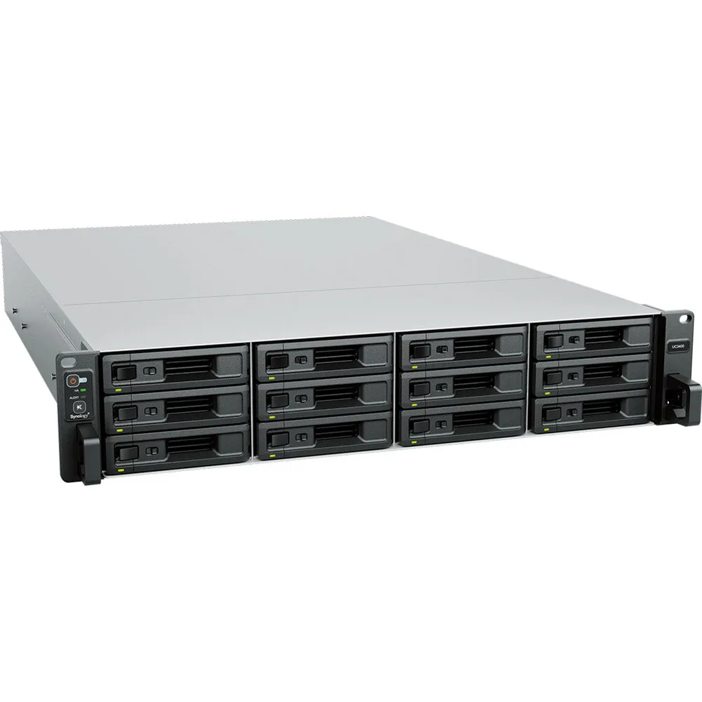 Black rectangular desktop NAS unit with front drive bays and rear dual power sockets