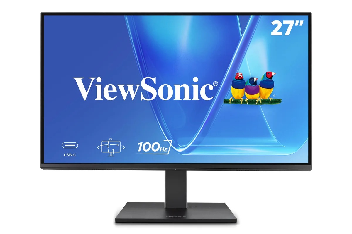 27 inch black IPS monitor on ergonomic stand with thin bezels