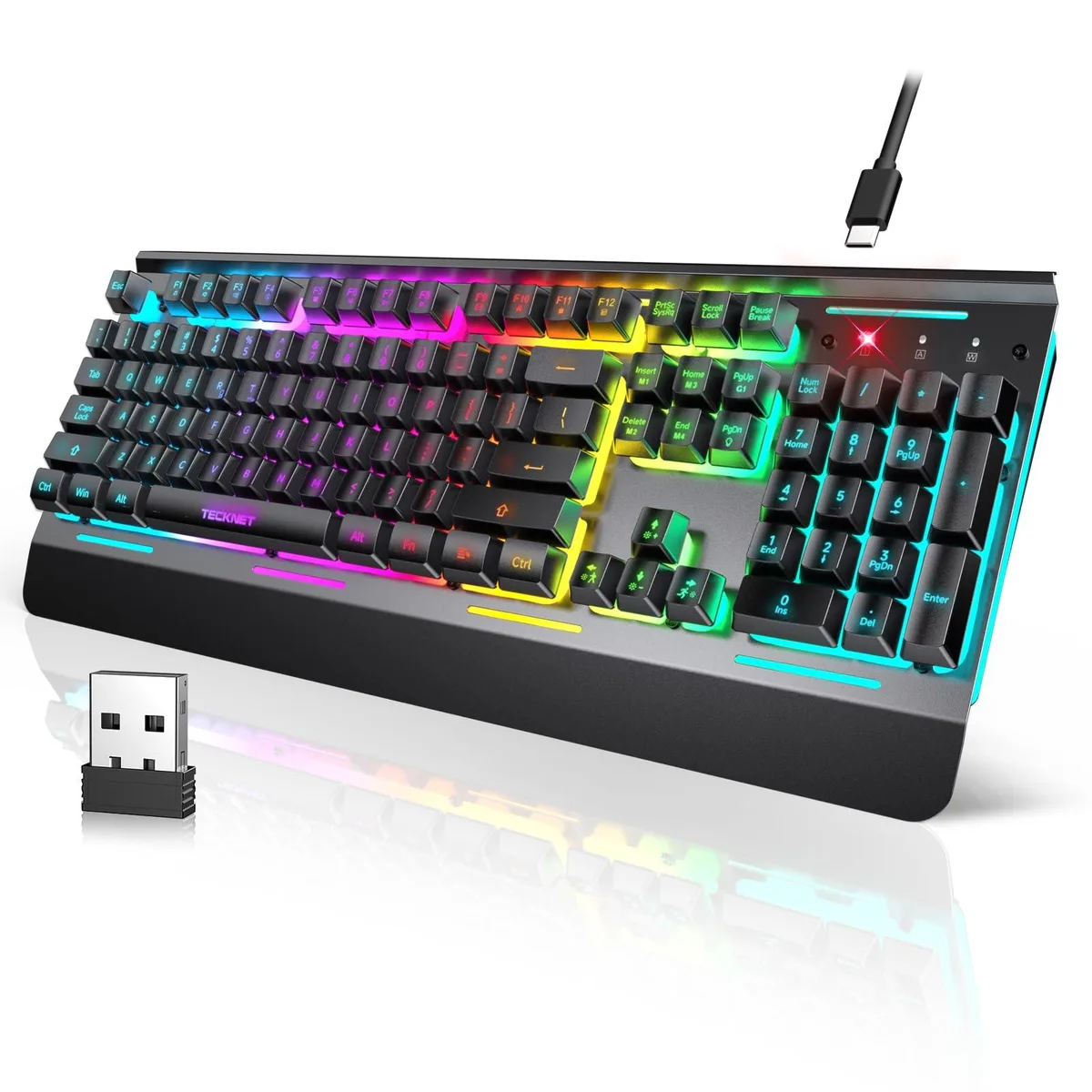 Black gaming keyboard with metal panel and RGB lighting