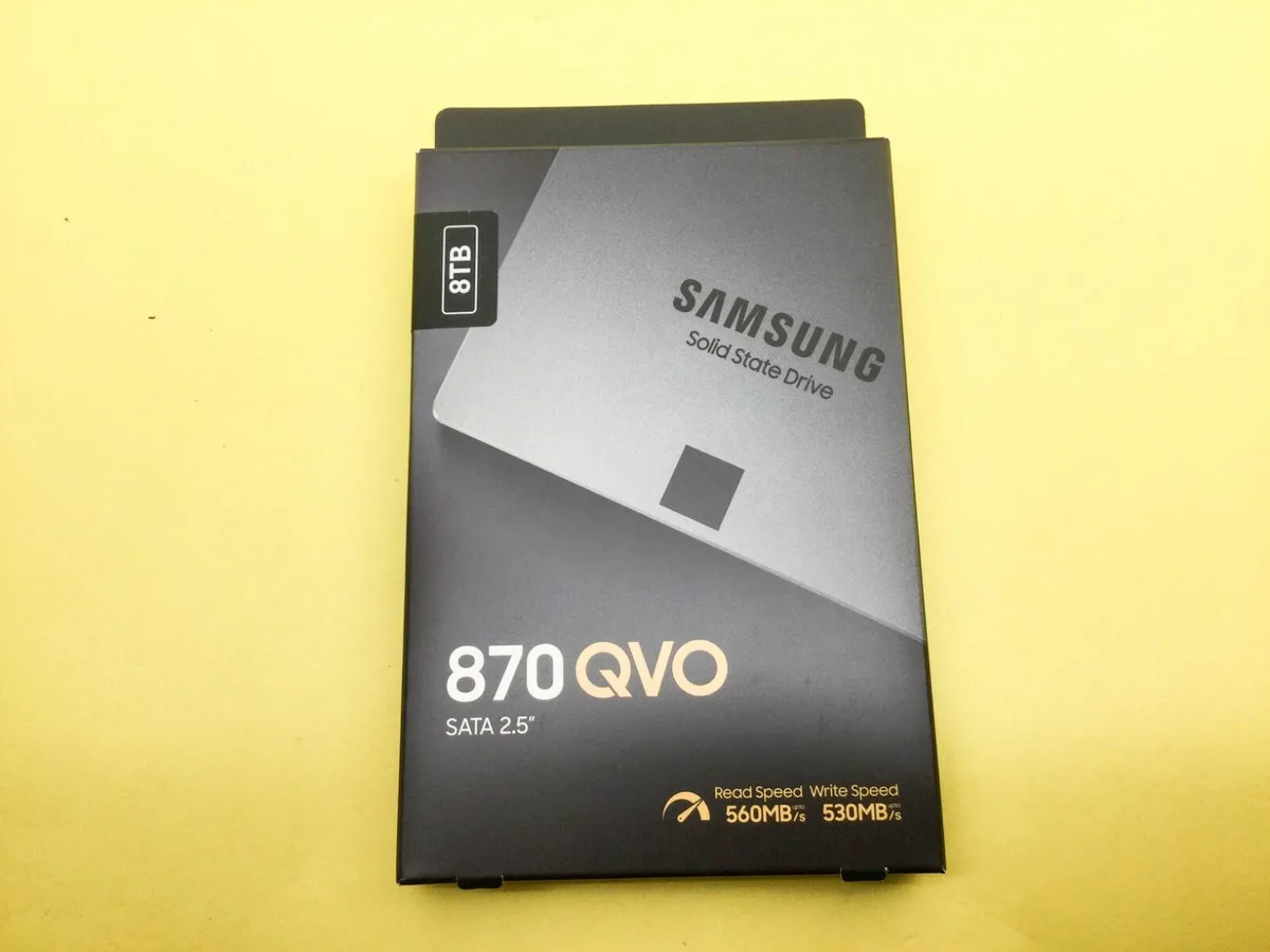 Rectangular 2.5 inch internal SSD with matte black metal casing and SATA connectors