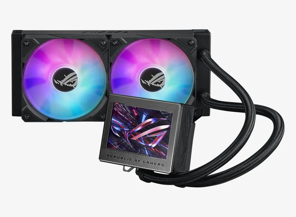 Black 240 mm AIO liquid cooler with 3.5 inch LCD screen and three magnetic daisy-chainable 120 mm ARGB fans