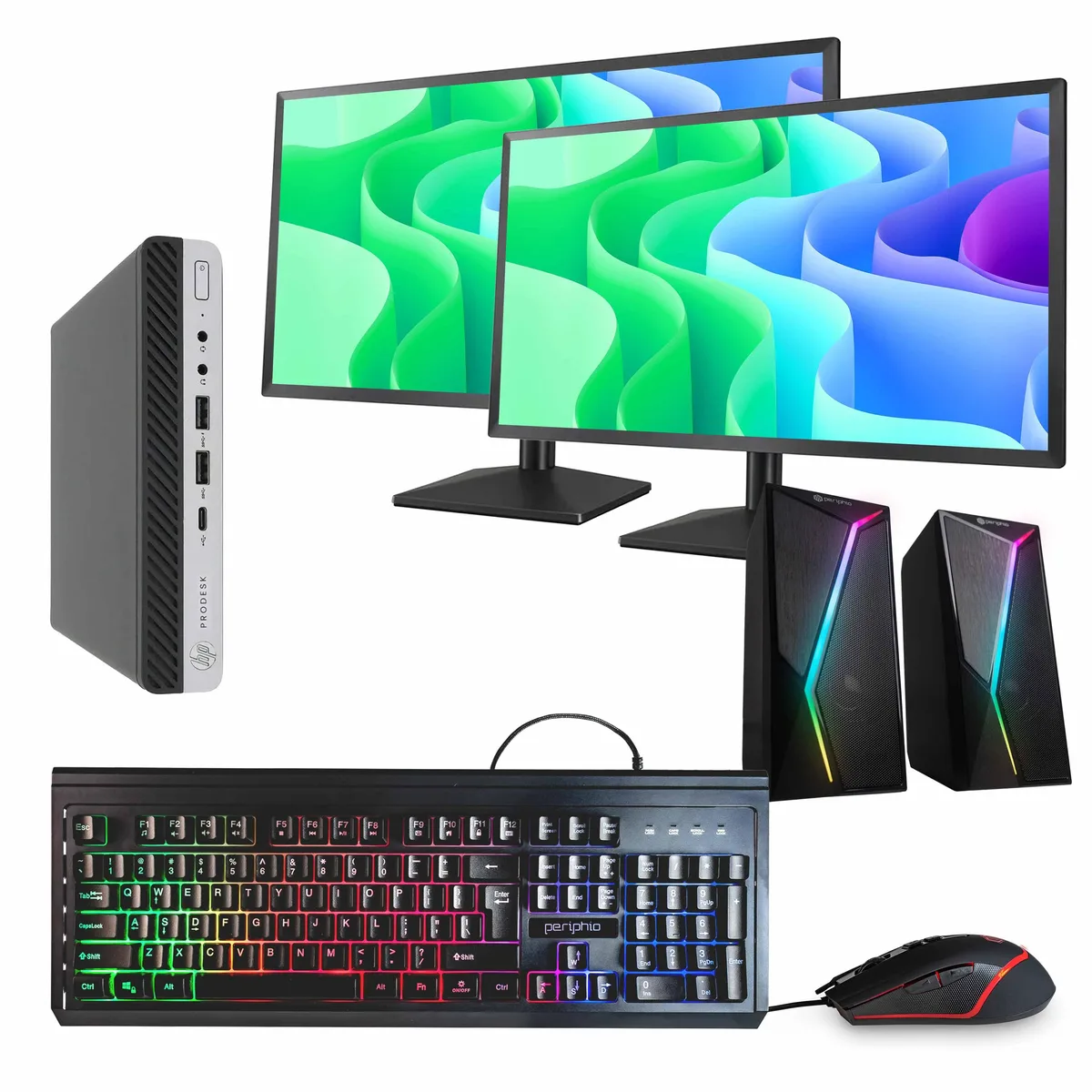 Black and silver mini desktop tower with dual 24-inch monitors, wired keyboard, mouse and RGB speaker