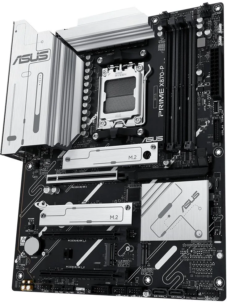 ATX motherboard with dark PCB and silver heatsinks