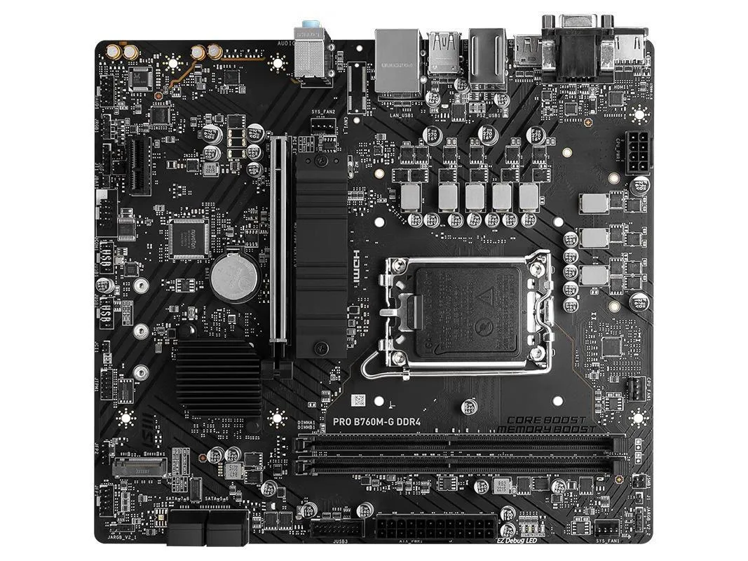 Green micro-ATX board with silver CPU socket and four black DDR4 slots