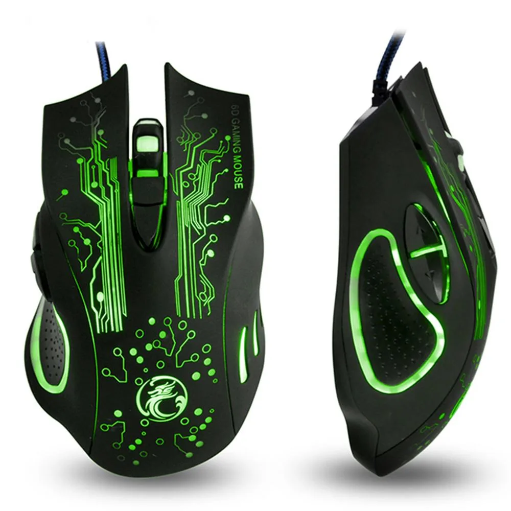 Black wired gaming mouse with RGB lighting, ergonomic shape and six buttons