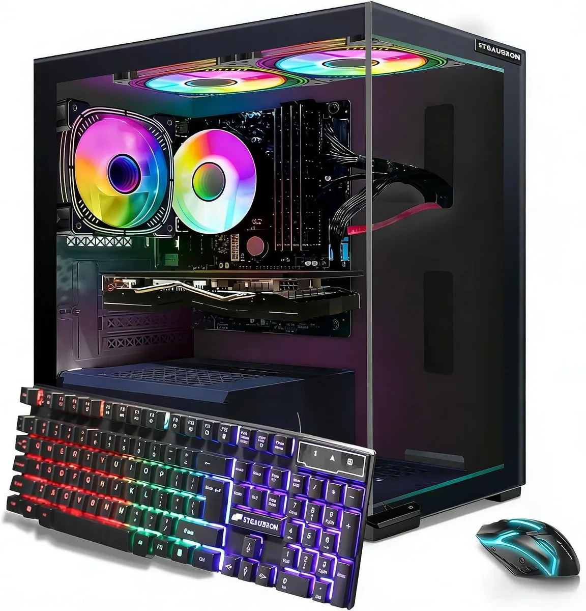 Black tower desktop with three RGB fans visible behind tempered glass side panel