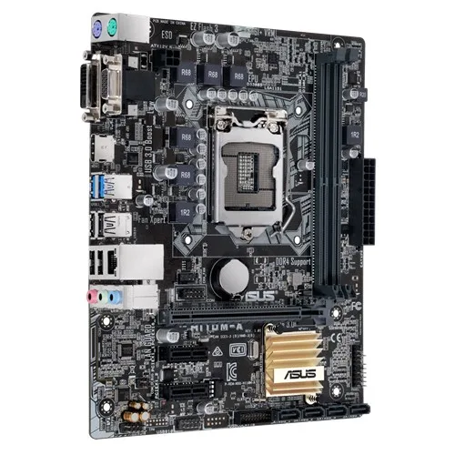 Green micro-ATX motherboard with silver CPU socket, four SATA ports, HDMI, DVI and VGA outputs, LED-lit audio shield