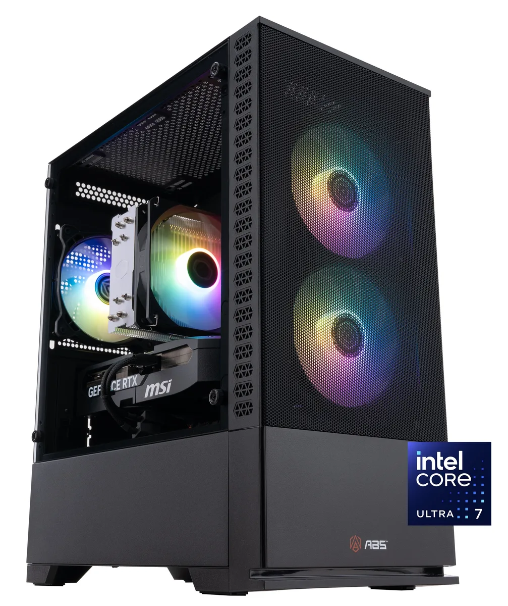Black mid-tower gaming desktop with RGB-lit side panel and front mesh grille