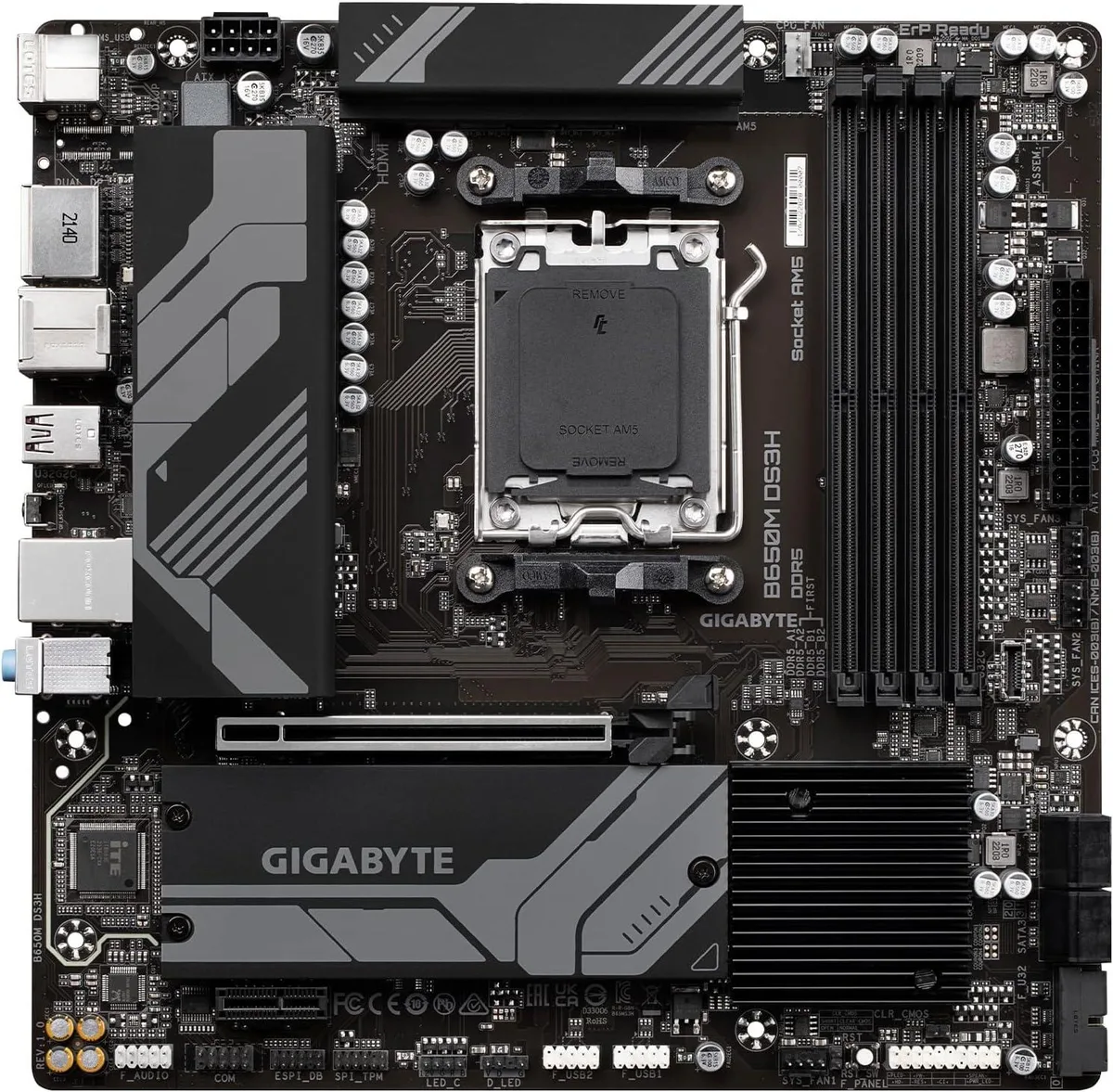 Green MicroATX motherboard with silver AM5 socket, black DDR5 slots and rear HDMI and DisplayPort outputs